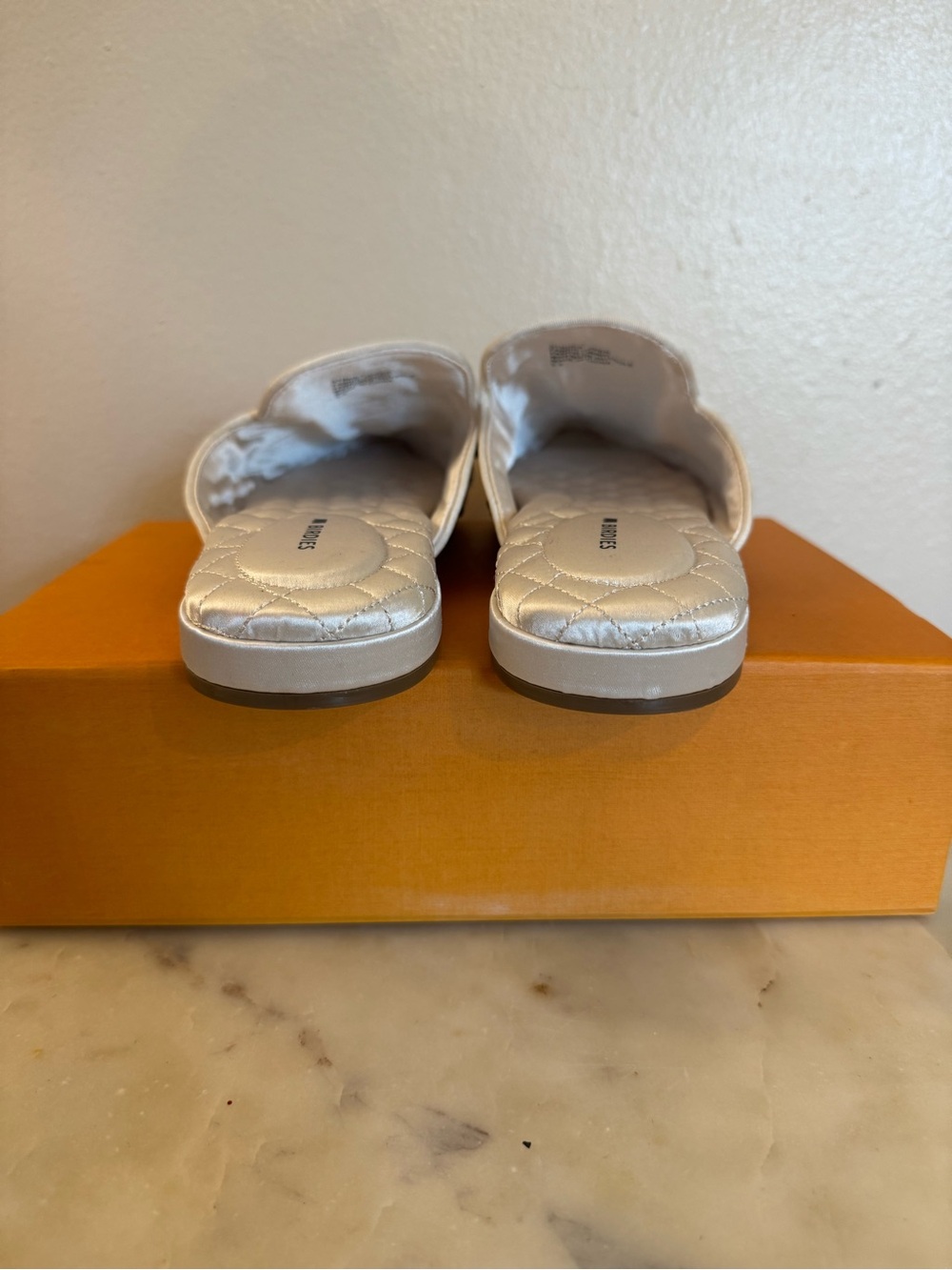 Birdies Women's White Jeweled Satin Mules - Picture 6 of 13